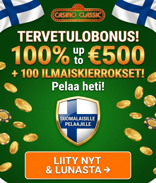 Bonukset, jotka ovat saatavilla CasinoClassic-kasinon pelaajille Suomessa rekisteröitymisen jälkeen.